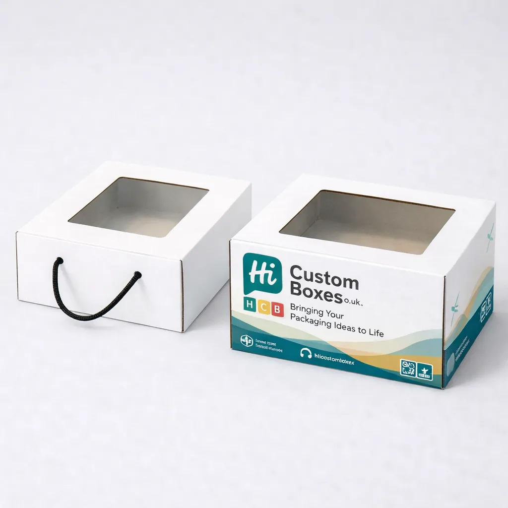 Premium corrugated boxes with a clear top window and a black rope handle for luxury gift presentation. class=